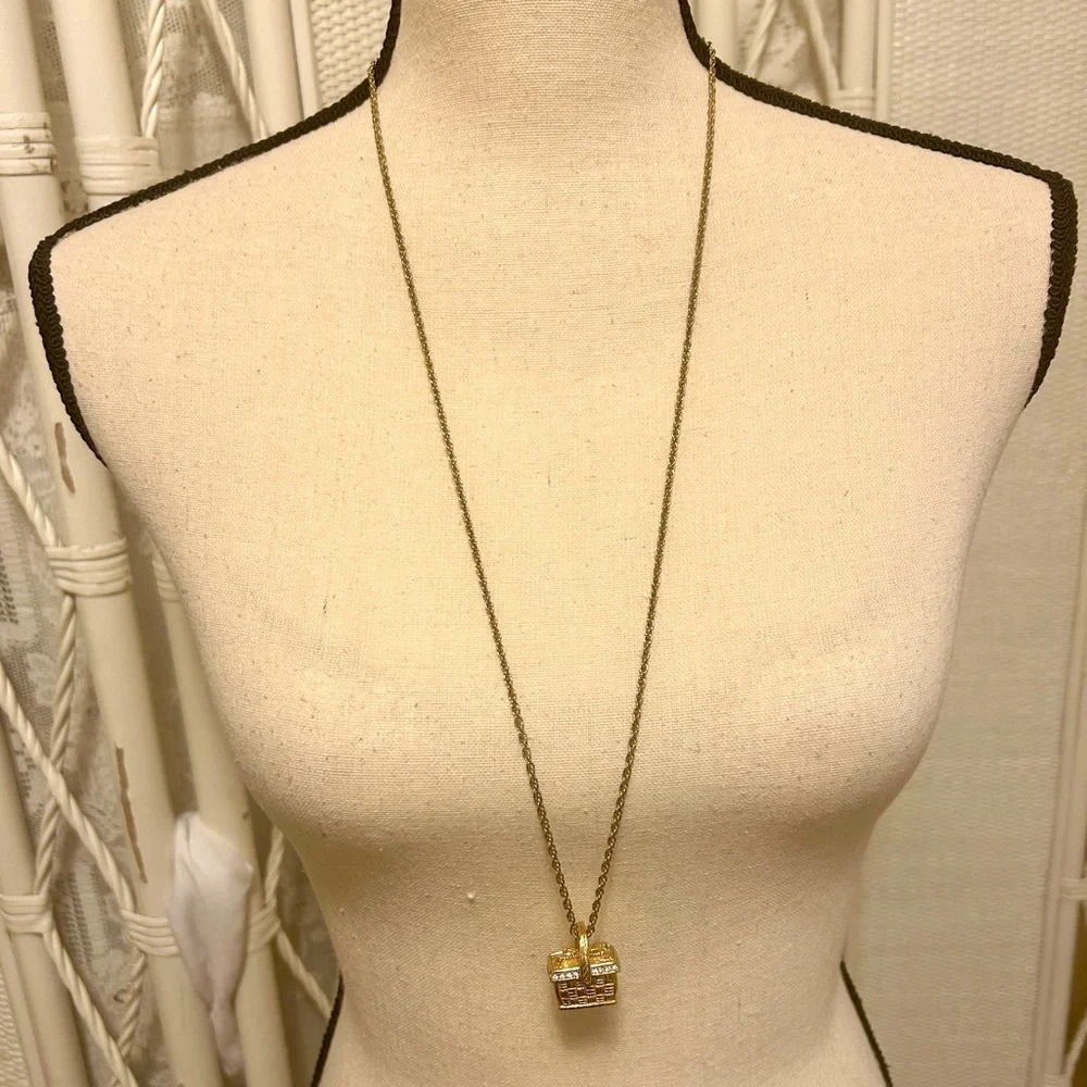 Vintage 1990s Swarovski Picnic Basket Pendant Necklace Gold-Tone & Crystal